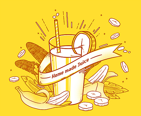 PSD 리본 일러스트 나뭇잎 잔 바나나 빨대 타이포그라피 사람없음 노란색 슬라이스 과일조각 바나나잎 바나나주스 홈메이드 국내일러스트 문자 식기 컬러 조각 잎 과일 과일주스 만들기 파일형식