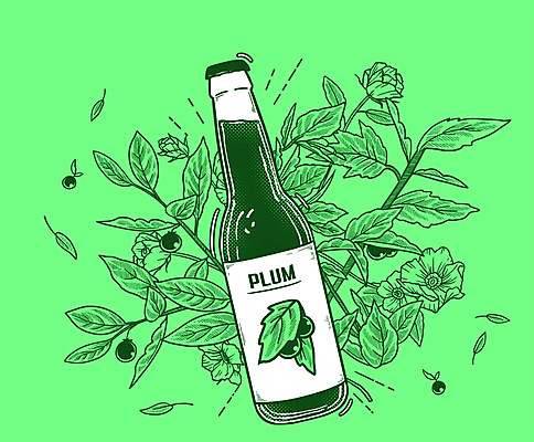 PSD 음료 일러스트 유리병 나뭇잎 타이포그라피 사람없음 연두색 나뭇가지 매실 매실나무 음료수병 국내일러스트 나무 문자 잎 병_용기 초록색 병_담는 파일형식