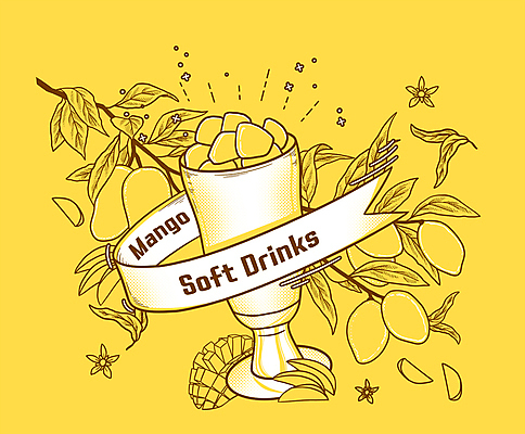 PSD 리본 일러스트 나뭇잎 잔 타이포그라피 사람없음 노란색 나뭇가지 망고 망고주스 국내일러스트 나무 문자 식기 컬러 잎 과일주스 열대과일 파일형식