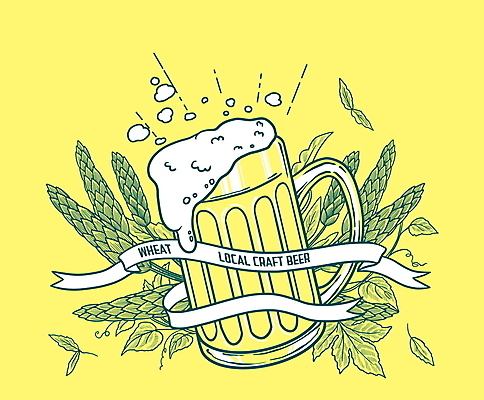PSD 리본 잎 일러스트 맥주 타이포그라피 사람없음 노란색 밀 맥주잔 맥주거품 국내일러스트 식물 문자 컬러 술잔 곡류 주류 거품 파일형식