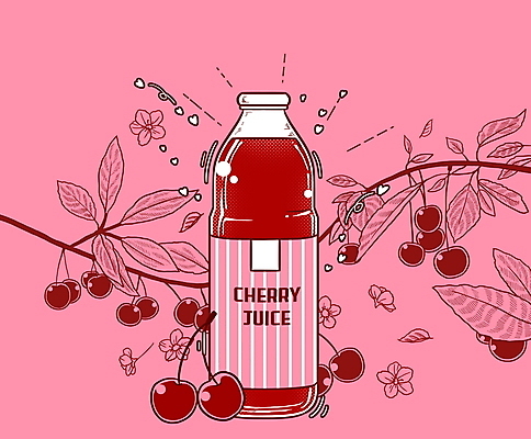 PSD 분홍색 일러스트 나뭇잎 타이포그라피 사람없음 나뭇가지 체리 음료수병 체리주스 국내일러스트 나무 문자 컬러 잎 과일 과일주스 병_담는 파일형식