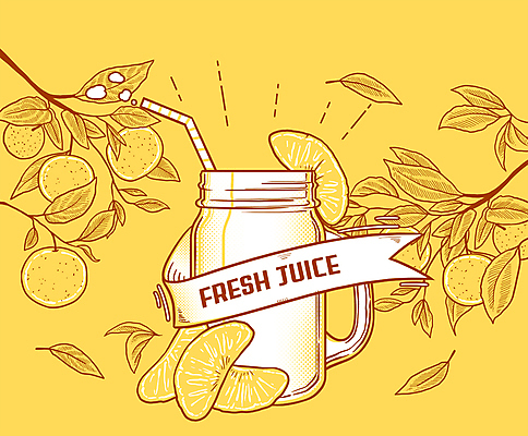 PSD 리본 일러스트 나뭇잎 잔 귤 빨대 타이포그라피 사람없음 노란색 주스 나뭇가지 귤나무 국내일러스트 나무 문자 식기 음료 컬러 잎 과일 파일형식