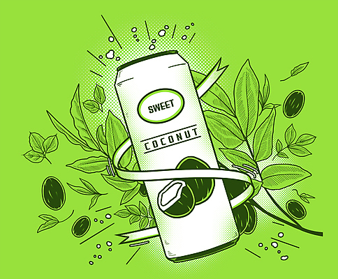 PSD 리본 일러스트 나뭇잎 타이포그라피 사람없음 연두색 나뭇가지 캔 코코넛 캔음료 코코넛나무 코코넛주스 국내일러스트 나무 문자 음료 잎 과일 초록색 주스 파일형식