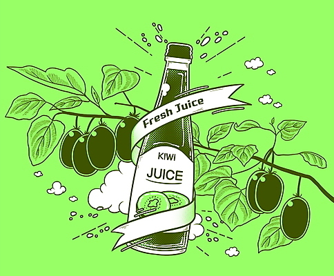 PSD 구름 일러스트 유리병 나뭇잎 키위 타이포그라피 사람없음 연두색 나뭇가지 키위주스 음료수병 국내일러스트 자연요소 나무 문자 잎 과일 병_용기 초록색 과일주스 병_담는 파일형식