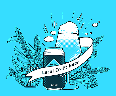 PSD 리본 하늘색 일러스트 잔 타이포그라피 사람없음 밀 맥주잔 캔맥주 맥주거품 맥주통 핸드메이드 국내일러스트 문자 식기 술잔 곡류 맥주 파란색 거품 캔 파일형식