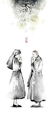 전신 PSD 여자 꽃 불교 일러스트 캘리그라피 붓터치 함께함 미소 성인 두명 친구 마주보기 천주교 기도 나뭇가지 종교인 승려 동양화 번짐 화합 낙관 승복 합장 수녀 비구니 수녀복 성인여자만 국내일러스트 나무 식물 종교 컨셉 관계 모션 표정 미술 사람 손짓 성직자 여자만 성인만 파일형식 효과