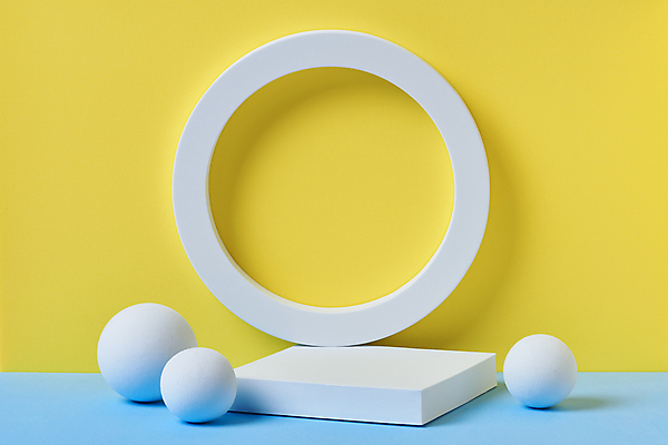 포토 JPG 스튜디오촬영 백그라운드 실내 사람없음 흰색 원형 고리 오브젝트 모던 파란배경 정사각형 단상 노란배경 입체도형 포디움 목업 카피스페이스 국내포토 도형 컬러 내부 파란색 노란색 공백 무대 입체 파일형식