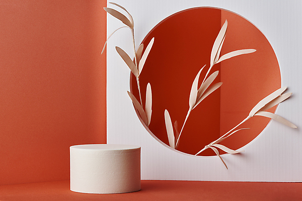 포토 도형 백그라운드 잎 실내 내부 빨간색 공백 무대 원형 입체 파일형식 페이퍼아트 포디움 단상 구멍 카피스페이스 모던 목업 입체도형 원기둥 나뭇잎 스튜디오촬영 JPG 사람없음 오브젝트 빨간배경 국내포토