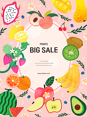 꽃 분홍색 잎 오렌지 일러스트 딸기 수박 프레임 바나나 키위 타이포그라피 사람없음 쇼핑 사과 레몬 블루베리 복숭아 망고 아보카도 과일가게 용과 빅세일 프레임일러스트 제철과일 국내일러스트 AI파일 식물 문자 컬러 과일 세일 상점 열대과일 제철 파일형식 벡터