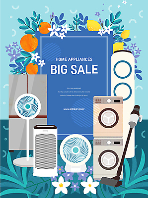 꽃 잎 오렌지 일러스트 프레임 타이포그라피 사람없음 파란색 쇼핑 가전제품 선풍기 레몬 에어컨 냉장고 건조기 공기청정기 드럼세탁기 빅세일 프레임일러스트 무선청소기 국내일러스트 AI파일 식물 문자 컬러 과일 세일 기계 청소기 세탁기 파일형식 벡터