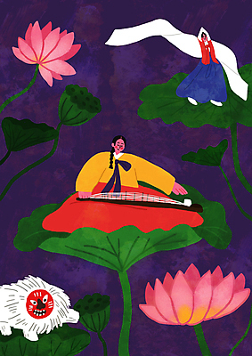 전신 PSD 한국문화 한국전통 여자 전통문화 연주 일러스트 문화예술 연꽃 성인 두명 보라색 춤 한복 즐거움 연잎 전통무용 가야금 무형문화재 북청사자 북청사자놀음 사자탈 승무 성인여자만 국내일러스트 동양문화 전통 꽃 감정 문화 음악 컬러 잎 현악기 한국 국악기 사람 문화재 전통의상 전통공연 탈 여자만 성인만 파일형식