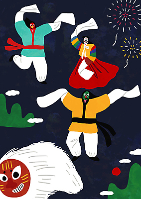 전신 PSD 한국문화 한국전통 여자 남자 전통문화 일러스트 문화예술 산 폭죽 성인 세명 태양 검은색 춤 한복 즐거움 탈춤 전통무용 무형문화재 북청사자 북청사자놀음 사자탈 성인만 국내일러스트 자연요소 동양문화 전통 감정 문화 컬러 한국 사람 문화재 전통의상 전통공연 탈 파일형식