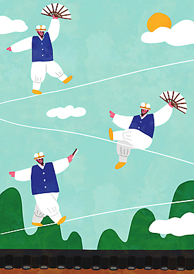 전신 PSD 구름 한국문화 한국전통 남자 전통문화 일러스트 문화예술 산 들기 성인 세명 태양 걷기 한복 즐거움 접부채 무형문화재 민트색 외줄타기 줄타기광대 성인남자만 기와담장 국내일러스트 자연요소 동양문화 전통 감정 문화 컬러 모션 한국 기와 사람 담장 문화재 묘기 전통의상 전통부채 줄타기 남자만 성인만 파일형식