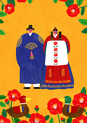 전신 PSD 한국문화 한국전통 부부 여자 남자 전통문화 일러스트 사랑 성인 두명 노란색 한복 전통혼례 혼례복 동백 목각원앙 신랑신부 활옷 성인만 국내일러스트 동양문화 전통 커플 꽃 감정 문화 신부_웨딩 컬러 신랑 결혼 한국 사람 전통의상 전통의례 파일형식