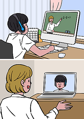 학생 여자 남자 어린이 일러스트 말하기 소년 여러명 상반신 성인 노트북 스터디 모니터 교사 헤드폰 칠판 달력 기록 온라인강의 원격 화상통화 원격수업 언택트 온택트 국내일러스트 AI파일 직업 교육 음향기기 다수 모션 사람 전자제품 학습 컴퓨터 강의 통화 파일형식 벡터