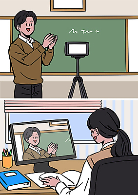 여자 남자 일러스트 창문 청소년 고등학생 설명 상반신 성인 두명 책 스터디 카메라 모니터 교사 칠판 삼각대 볼펜통 온라인강의 원격 화상통화 원격수업 언택트 온택트 국내일러스트 AI파일 직업 학생 교육 모션 사람 전자제품 학습 컴퓨터 강의 통화 파일형식 벡터