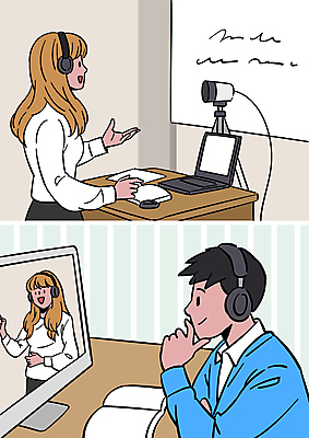 학생 여자 남자 일러스트 말하기 설명 상반신 성인 책 세명 노트북 스터디 카메라 모니터 강사 헤드폰 턱괴기 온라인강의 원격 화상통화 성인만 원격수업 언택트 온택트 국내일러스트 AI파일 직업 교육 음향기기 모션 사람 전자제품 학습 컴퓨터 강의 통화 파일형식 벡터