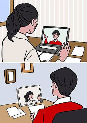 여자 남자 종이 일러스트 회의 들기 여러명 상반신 성인 노트북 볼펜 모니터 공책 업무 비즈니스맨 비즈니스우먼 손인사 재택근무 원격 화상통화 성인만 언택트 온택트 국내일러스트 AI파일 다수 비즈니스 모션 문구용품 사람 전자제품 컴퓨터 펜 인사 작업 직장인 통화 파일형식 벡터