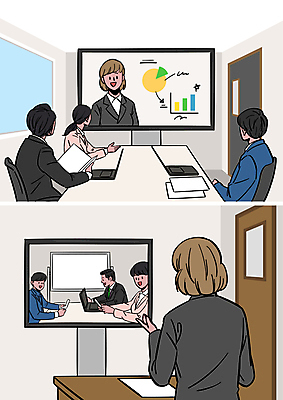 여자 남자 일러스트 회의 그래프 말하기 여러명 상반신 성인 노트북 모니터 업무 비즈니스맨 비즈니스우먼 발표 회의실 재택근무 원격 화상통화 성인만 언택트 온택트 국내일러스트 AI파일 다수 비즈니스 모션 사람 전자제품 컴퓨터 작업 직장인 통화 파일형식 벡터