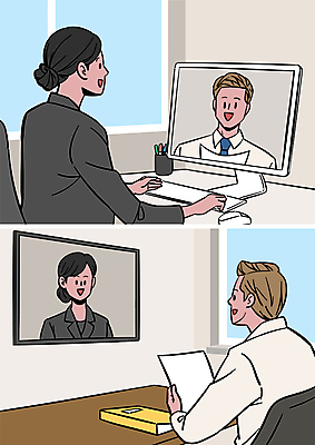 여자 남자 종이 일러스트 말하기 들기 여러명 상반신 성인 모니터 구직 비즈니스맨 비즈니스우먼 문서 취업준비생 면접관 서류파일 원격 화상통화 성인만 비대면면접 비대면채용 언택트 온택트 국내일러스트 AI파일 다수 컨셉 비즈니스 모션 사람 컴퓨터 사무용품 직장인 면접 통화 채용 파일형식 벡터