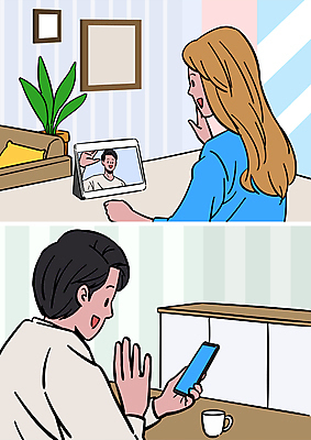 커플 여자 남자 화분 액자 일러스트 들기 상반신 성인 두명 스마트폰 소파 태블릿 커피잔 손인사 영상통화 원격 화상통화 성인만 언택트 온택트 국내일러스트 AI파일 커피 의자 관계 모션 잔 사람 전자제품 핸드폰 스마트기기 인사 통화 파일형식 벡터