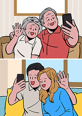 여자 노년 남자 일러스트 들기 여러명 상반신 성인 스마트폰 부모 노부부 자녀 손인사 안부 문안인사 반가움 영상통화 원격 화상통화 언택트 온택트 국내일러스트 AI파일 부부 감정 다수 가족 모션 사람 핸드폰 스마트기기 인사 통화 파일형식 벡터