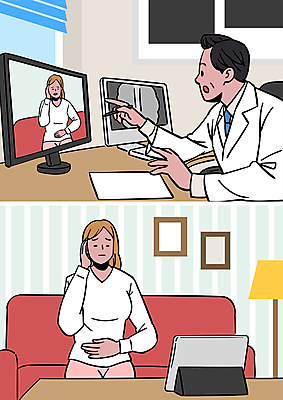 여자 남자 중년 액자 일러스트 병원 상반신 성인 두명 소파 태블릿 모니터 고통 환자 의사 스탠드 가리킴 상담 감싸기 원격 화상통화 원격의료 비대면서비스 언택트 온택트 국내일러스트 AI파일 감정 의자 의학 모션 조명 사람 손짓 전자제품 스마트기기 컴퓨터 진료 의료진 서비스 통화 파일형식 벡터