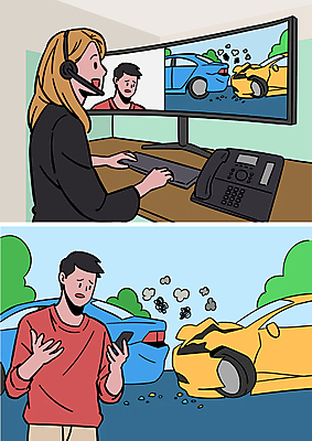 여자 남자 일러스트 자동차 들기 상반신 성인 두명 스마트폰 모니터 상담원 전화기 확인 상담 자동차사고 영상통화 원격 자동차보험 충돌사고 화상통화 성인만 비대면서비스 언택트 온택트 국내일러스트 AI파일 육상교통 모션 사람 핸드폰 스마트기기 컴퓨터 사무원 교통사고 사건 서비스 통화 보험 파일형식 벡터