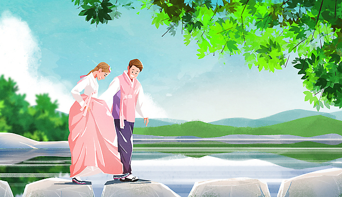 전신 PSD 커플 여자 남자 행복 결혼 일러스트 신혼부부 하늘 나뭇잎 사랑 성인 두명 강 한복 건너기 돌징검다리 신랑신부 성인만 웨딩촬영 국내일러스트 한국전통 부부 감정 신부_웨딩 신랑 잎 관계 모션 사람 이벤트 전통의상 신혼 기념사진 징검다리 파일형식