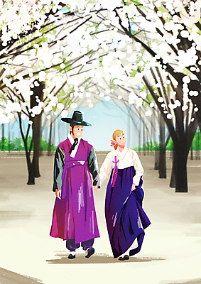 전신 PSD 커플 공원 여자 남자 행복 결혼 일러스트 신혼부부 사랑 성인 두명 걷기 손잡기 봄 벚꽃 벚나무 한복 꽃구경 신랑신부 성인만 웨딩촬영 국내일러스트 갓모자 나무 모자_잡화 한국전통 부부 계절 공공시설 꽃 감정 신부_웨딩 신랑 관계 모션 전통소품 사람 이벤트 전통의상 신혼 기념사진 파일형식