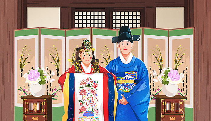 PSD 커플 여자 남자 꽃 행복 결혼 일러스트 신혼부부 사랑 미소 상반신 성인 두명 꽃병 한복 전통혼례 병풍 혼례복 고가구 신랑신부 활옷 성인만 웨딩촬영 국내일러스트 식물 한국전통 부부 감정 신부_웨딩 가구 신랑 관계 표정 사람 이벤트 전통의상 전통의례 신혼 기념사진 파일형식