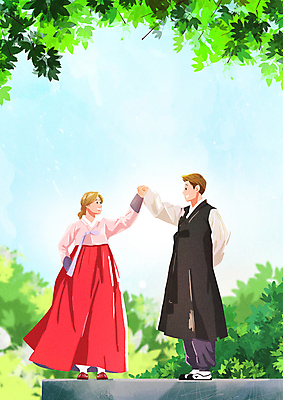 전신 PSD 커플 여자 남자 행복 결혼 일러스트 신혼부부 하늘 나뭇잎 사랑 서기 성인 두명 마주보기 손잡기 한복 뒷짐 신랑신부 성인만 웨딩촬영 국내일러스트 한국전통 부부 감정 신부_웨딩 신랑 잎 관계 모션 사람 이벤트 전통의상 신혼 기념사진 파일형식