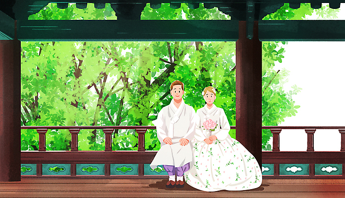 전신 PSD 커플 여자 남자 행복 부케 결혼 일러스트 신혼부부 나뭇잎 사랑 앉기 성인 두명 잡기 한복 정자 신랑신부 성인만 웨딩촬영 국내일러스트 한국전통 건축물 부부 감정 신부_웨딩 꽃다발 신랑 잎 관계 모션 사람 이벤트 전통의상 신혼 기념사진 파일형식