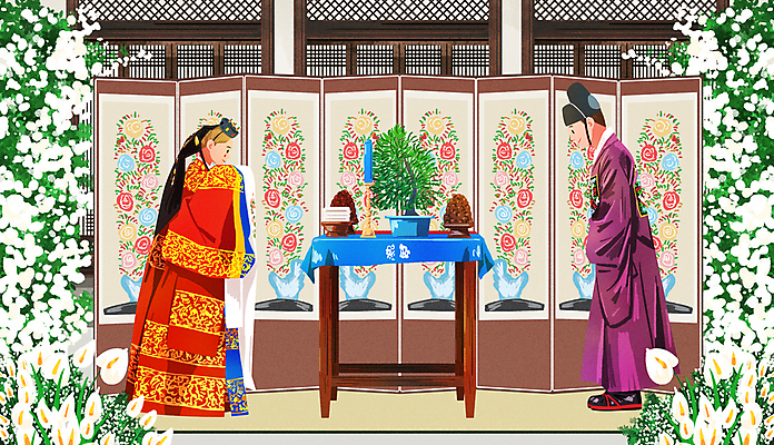 전신 PSD 커플 여자 남자 꽃 행복 화분 결혼 일러스트 신혼부부 탁자 사랑 성인 두명 마주보기 인사 한복 전통혼례 촛대 병풍 혼례복 신랑신부 활옷 성인만 웨딩촬영 국내일러스트 식물 한국전통 부부 감정 신부_웨딩 가구 신랑 관계 모션 사람 이벤트 예절 전통의상 전통의례 신혼 기념사진 파일형식