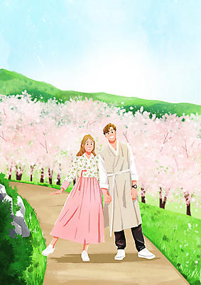 전신 PSD 커플 공원 여자 남자 행복 결혼 일러스트 신혼부부 하늘 사랑 서기 성인 두명 손잡기 봄 산책로 벚꽃 벚나무 생활한복 신랑신부 성인만 웨딩촬영 국내일러스트 나무 부부 계절 공공시설 꽃 감정 길 신부_웨딩 신랑 관계 모션 사람 이벤트 한복 신혼 기념사진 파일형식
