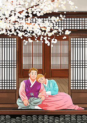 전신 PSD 커플 여자 남자 행복 결혼 일러스트 신혼부부 휴식 한옥 사랑 앉기 성인 두명 팔짱 기댐 봄 벚꽃 벚나무 한복 신랑신부 툇마루 성인만 웨딩촬영 국내일러스트 나무 한국전통 부부 계절 꽃 감정 신부_웨딩 신랑 컨셉 고건축 관계 모션 사람 이벤트 마루_인테리어 전통의상 신혼 기념사진 파일형식