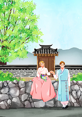 전신 PSD 나무 커플 여자 남자 행복 부케 결혼 일러스트 신혼부부 하늘 돌담 사랑 서기 앉기 성인 두명 손잡기 한복 대문 신랑신부 성인만 기와담장 웨딩촬영 국내일러스트 식물 한국전통 부부 감정 신부_웨딩 꽃다발 신랑 관계 모션 기와 사람 이벤트 담장 문 돌_바위 전통의상 신혼 기념사진 파일형식