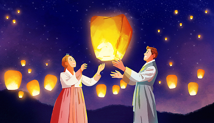 PSD 커플 응시 여자 남자 행복 결혼 일러스트 신혼부부 밤하늘 사랑 상반신 성인 두명 손들기 한복 신랑신부 풍등 풍등날리기 성인만 웨딩촬영 풍등축제 국내일러스트 한국전통 부부 시선 감정 신부_웨딩 신랑 관계 모션 하늘 조명 사람 이벤트 야간 전통의상 신혼 기념사진 등축제 파일형식