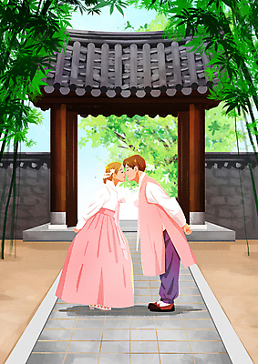 전신 PSD 커플 여자 남자 행복 결혼 일러스트 신혼부부 키스 사랑 성인 두명 마주보기 한복 대나무 뒷짐 대문 신랑신부 성인만 기와담장 웨딩촬영 국내일러스트 나무 한국전통 부부 감정 신부_웨딩 신랑 관계 모션 기와 사람 이벤트 담장 문 전통의상 애정표현 신혼 기념사진 파일형식