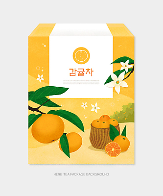 PSD 꽃 잎 일러스트 단면 귤 사람없음 바구니 주황색 나뭇가지 패키지 티백 감귤나무 포장상자 과일차 국내일러스트 나무 식물 컬러 과일 차_음료 상자 파일형식