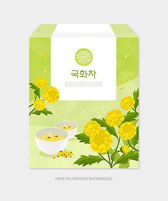 PSD 잎 일러스트 국화 사람없음 연두색 찻잔 패키지 티백 국화차 꽃차 포장상자 국내일러스트 식물 꽃 잔 초록색 차_음료 상자 파일형식