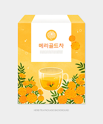 PSD 잎 일러스트 사람없음 주황색 찻잔 패키지 티백 꽃차 포장상자 매리골드 국내일러스트 식물 꽃 컬러 잔 차_음료 상자 파일형식
