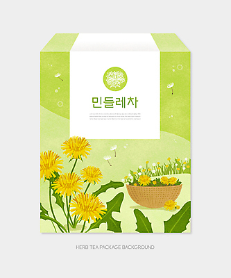 PSD 일러스트 사람없음 연두색 바구니 민들레 패키지 민들레홀씨 티백 꽃차 포장상자 국내일러스트 꽃 초록색 차_음료 상자 파일형식