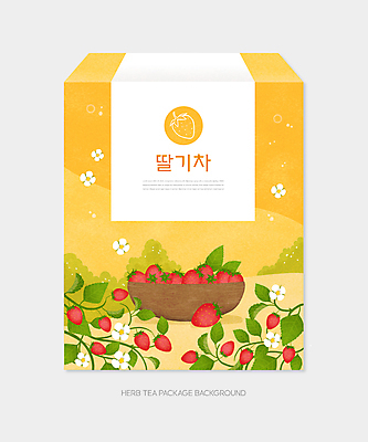 PSD 잎 일러스트 딸기 사람없음 노란색 바구니 풀숲 패키지 티백 딸기꽃 포장상자 과일차 국내일러스트 식물 꽃 컬러 과일 차_음료 상자 숲 파일형식