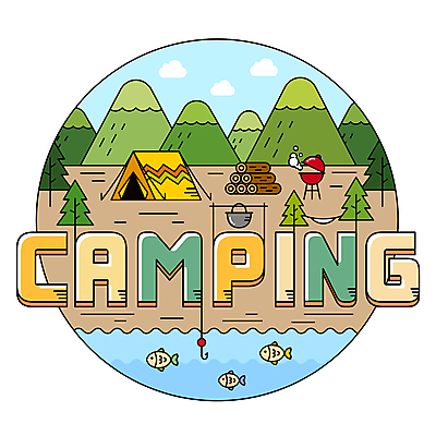 나무 구름 일러스트 하늘 산 텐트 어류 타이포그라피 사람없음 강 캠핑 낚싯바늘 연기 냄비 장작 캠핑장 해먹 바베큐그릴 국내일러스트 AI파일 자연요소 식물 문자 레저 캠핑도구 수중동물 침대 낚시용품 그릴 솥 바비큐 파일형식 벡터