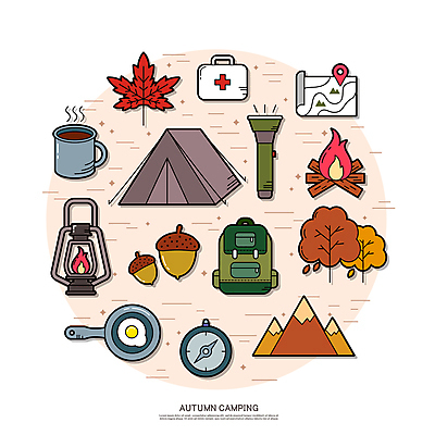 단풍 지도 일러스트 배낭 단풍나무 불꽃 산 텐트 캠핑도구 사람없음 캠핑 머그컵 손전등 랜턴 프라이팬 구급상자 나침반 모닥불 계란프라이 도토리 국내일러스트 AI파일 나무 잎 가방 주방용품 불 레저 조명 컵 견과류 도구 의료용품 계란요리 파일형식 벡터