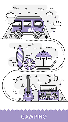 나무 구름 음표 일러스트 산 사람없음 여름 보라색 캠핑 기타 파라솔 서핑보드 라디오 선베드 튜브 캠핑카 여름캠프 국내일러스트 AI파일 자연요소 식물 기호 계절 음악 컬러 의자 자동차 현악기 레저 전자제품 보드_스포츠 파일형식 벡터