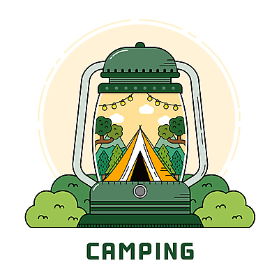 나무 구름 일러스트 산 텐트 사람없음 초록색 캠핑 랜턴 캠핑장 풀숲 가랜드 알전구 국내일러스트 AI파일 자연요소 식물 컬러 전구 레저 조명 캠핑도구 숲 파티용품 파일형식 벡터