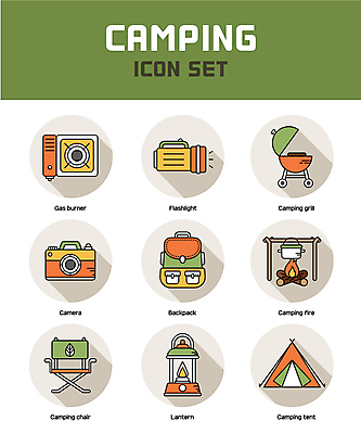아이콘 불꽃 텐트 캠핑도구 사람없음 초록색 세트 카메라 주황색 캠핑 손전등 랜턴 냄비 모닥불 버너 백팩 바베큐그릴 캠핑의자 2D아이콘 AI파일 컬러 의자 가방 불 레저 조명 전자제품 도구 그릴 솥 바비큐 파일형식 벡터