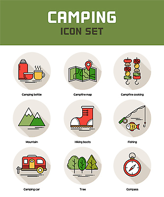 나무 아이콘 지도 낚시 산 부츠 캠핑도구 어류 사람없음 세트 캠핑 머그컵 꼬치 낚싯대 나침반 캠핑카 보온병 2D아이콘 AI파일 식물 신발 자동차 레저 컵 수중동물 도구 낚시용품 파일형식 벡터